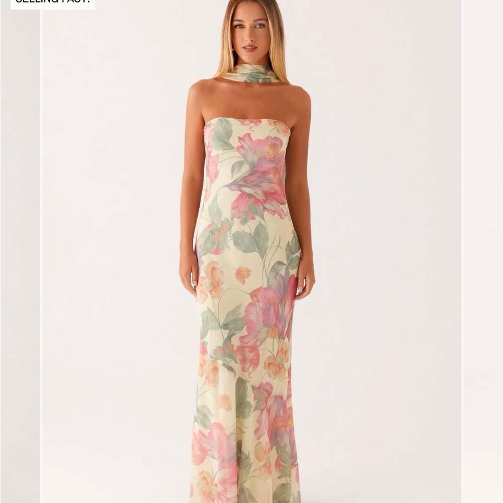 Peppermayo Strapless Floral Maxi Dress in Cream and Pink